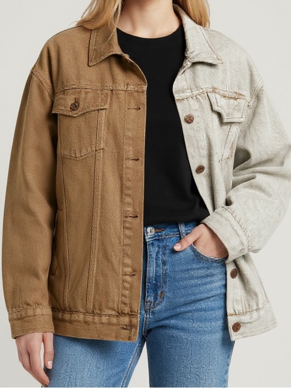 Jean Jacket Sz XL Two-Tone Brown Cream Denim Fall Unisex Casual Transitional